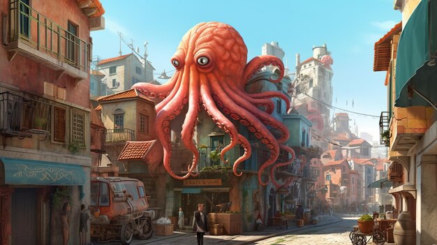 Een gigantische octopus die stad aanvalt Fantasieconcept Illustratie schilderij Generatieve AI