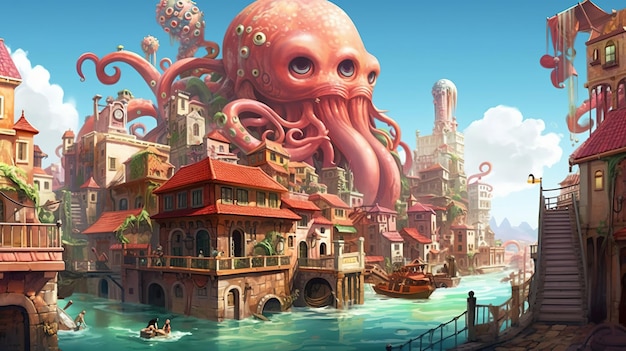 Een gigantische octopus die stad aanvalt Fantasieconcept Illustratie schilderij Generatieve AI