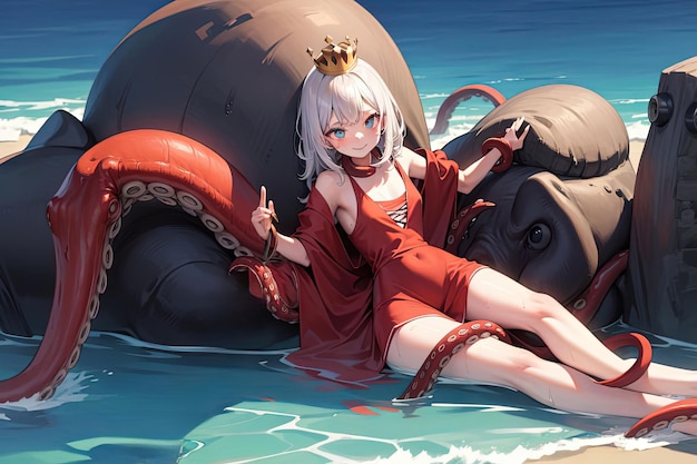 Een gigantische octopus en koningin van het zeemeisje op de anime-manga-illustratie van het strand