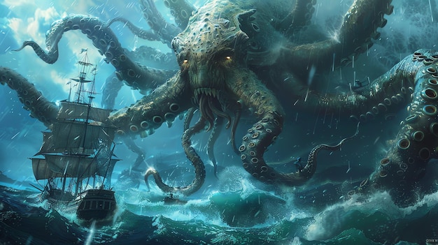 Foto een gigantische octopus valt een schip aan midden in een storm de octopus is om het schip gewikkeld en zijn tentakels zwaaien in de lucht