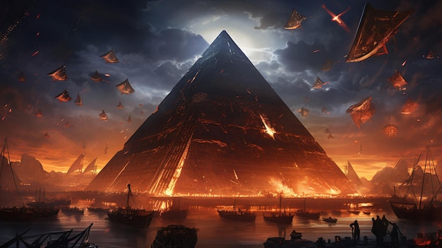 Een gigantische piramide drijvende met vuur runen