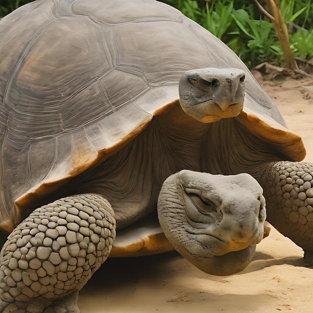 een gigantische schildpad met een gezicht en gesloten ogen