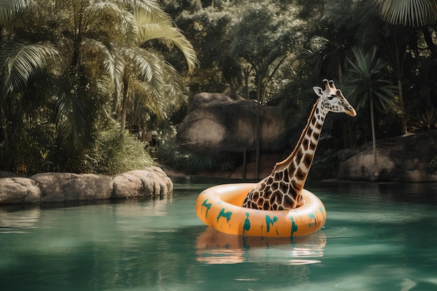 Een giraf die ontspant op een opblaasbare rubberen ring in het zwembad op een generatieve ai van de zomervakantie