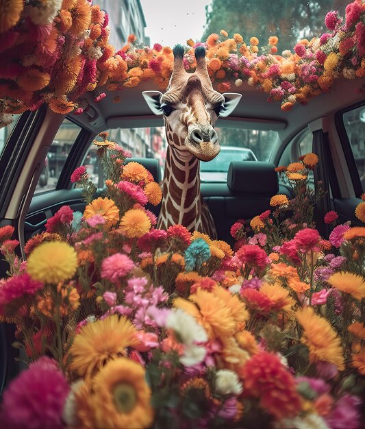 Een giraf in een auto met bloemen