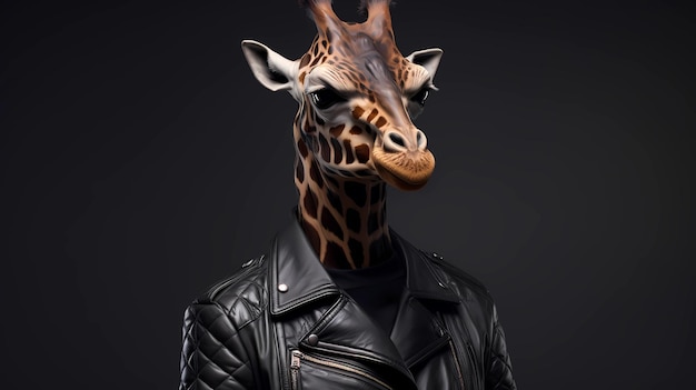 Een giraf in een rockstar lederen jas.