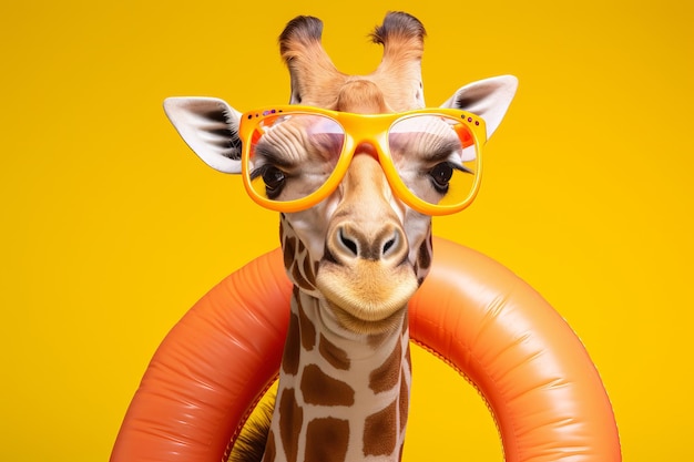 Een giraf klaar voor een zomervakantie met zonnebril en een opblaasbare rubberen ring generatieve ai