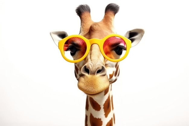 Een giraf met een gele bril en een roodomrande bril.