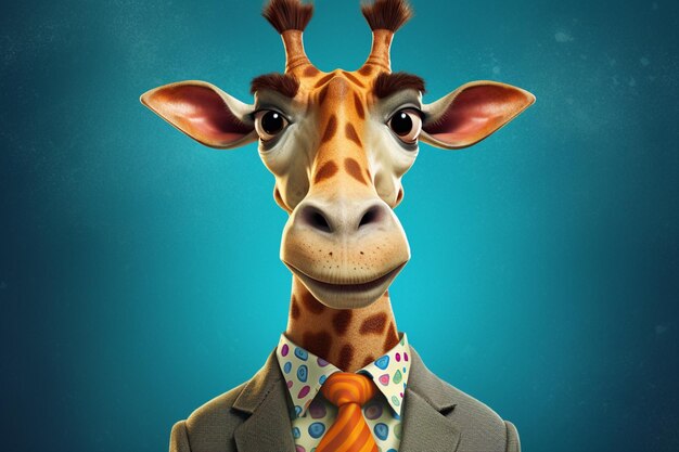 Een giraf met een pak en een shirt met de tekst 'giraffe'