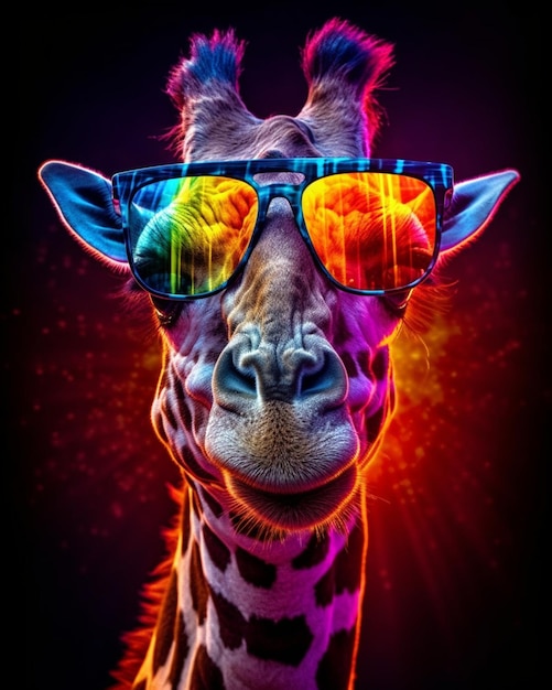 Een giraf met een zonnebril erop en een kleurrijke achtergrond