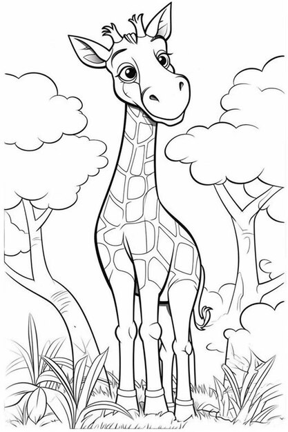 Foto een giraffe die in het gras staat met bomen en wolken op de achtergrond generatieve ai