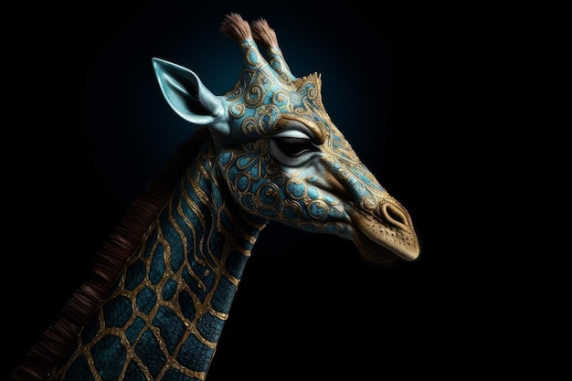 Een giraffe met een blauw patroon op zijn gezicht wordt getoond tegen een donkere achtergrond.