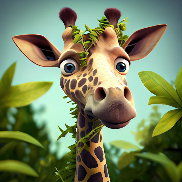 Een giraffe met een blauwe achtergrond en groene bladeren op zijn gezicht.