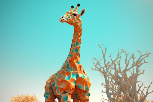 Een giraffe met een blauwe lucht op de achtergrond