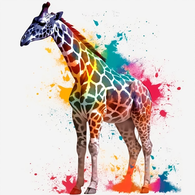 Een giraffe met een regenboogpatroon op zijn lichaam is geschilderd op een witte achtergrond.