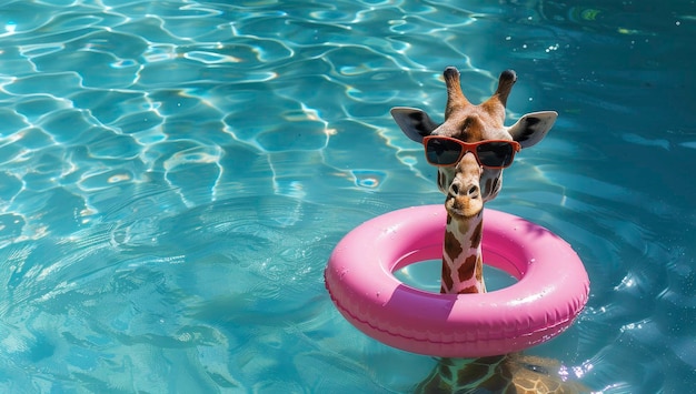 Foto een giraffe met een zonnebril drijft in het zwembad op een opblaasbare ring met helderblauw water en zonlicht dat er doorheen schijnt