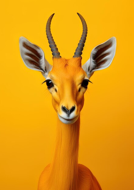 een giraffe met horens en horens wordt weergegeven op een gele achtergrond