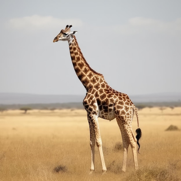 Een giraffe staat in een veld waar de zon op schijnt.