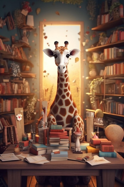 Een giraffe zit in een bibliotheek met boeken op tafel.