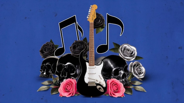 een gitaar en een gitaar staan op een tafel met rozen en rozen