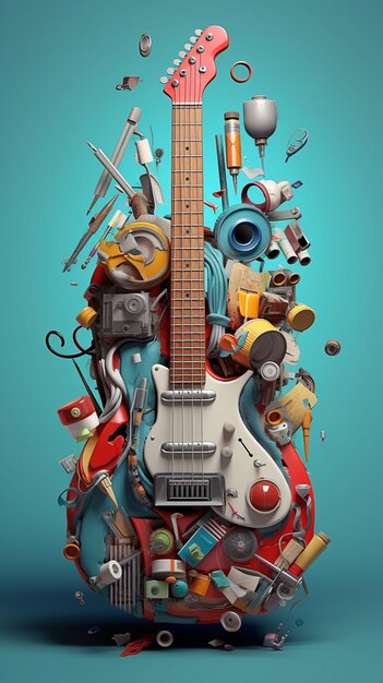 Een gitaar met een blauwe achtergrond en een heleboel voorwerpen eromheen.