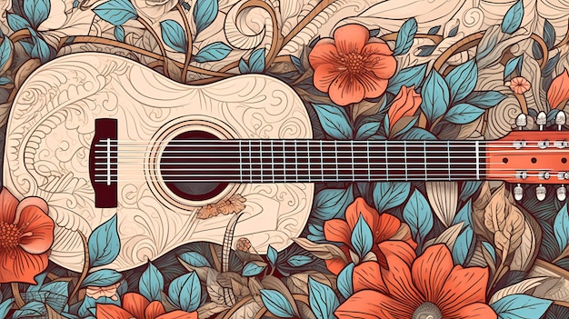 Een gitaar met een florale achtergrond en een florale achtergrond.