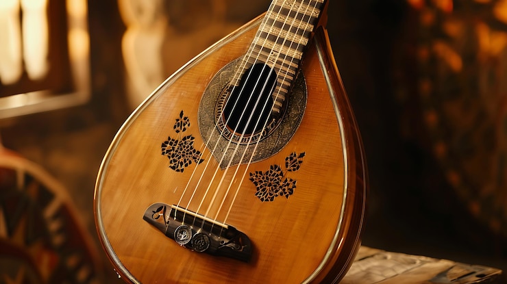 Foto een gitaar met een slang er bovenop