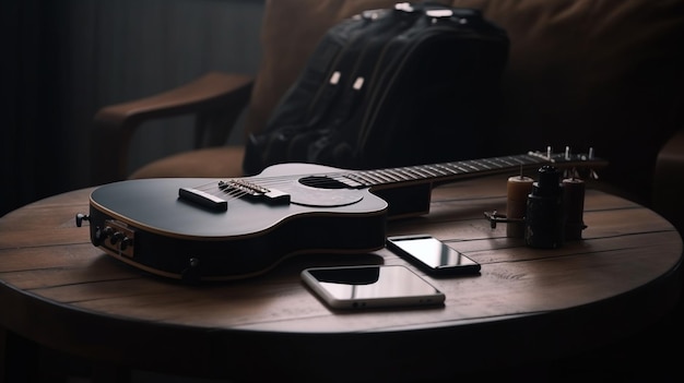 Een gitaar op een tafel naast een mobiele telefoon