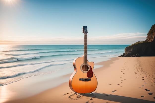 Een gitaar op het strand met de zon op de achtergrond