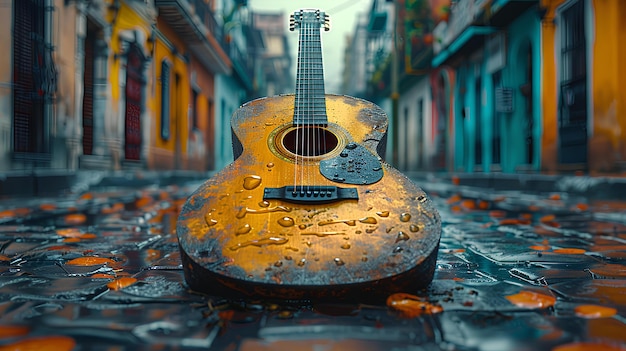 Een gitaar zit op een natte oppervlakte in een stadsstraat met gebouwen en oranje en blauwe tegels