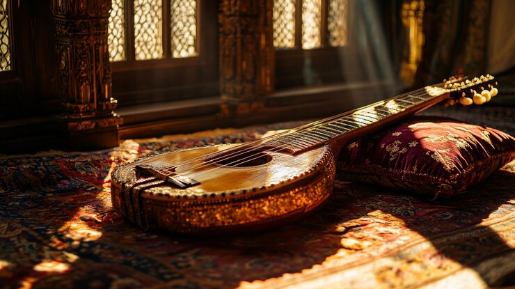 Foto een gitaar zit op een tapijt voor een raam