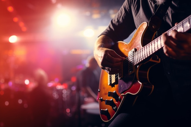 Een gitarist trekt het podium op een zachte, wazige achtergrond bepaalt het melodische concept.