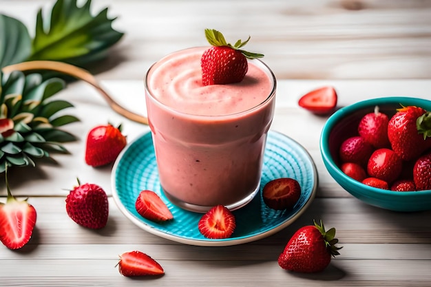 Een glaasje aardbeiensmoothie met een berg op de achtergrond