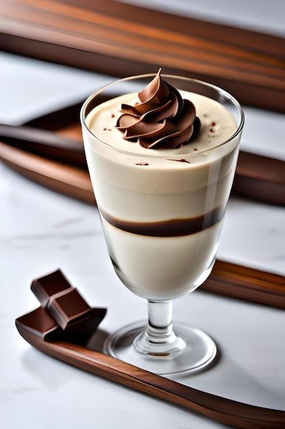 Een glaasje chocolademousse met chocoladerepen erbij.