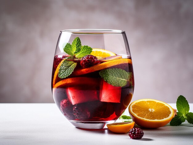 Een glaasje sangria met daarnaast een schijfje sinaasappel