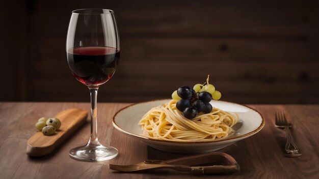 Een glaasje wijn met pasta en druiven in een ronde bord.