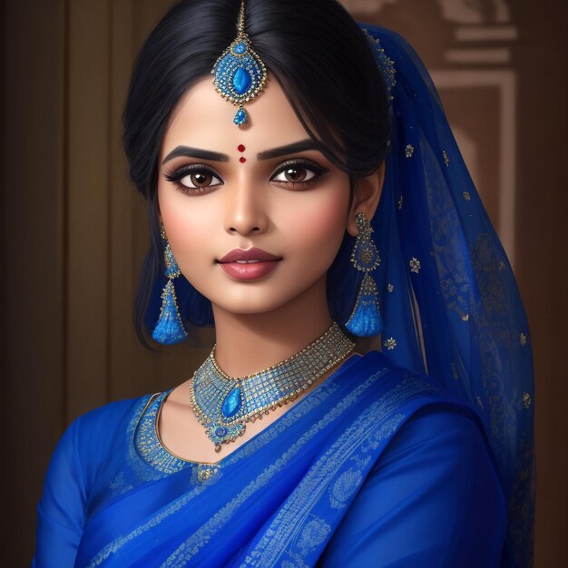 Een glamoureuze mooie meisje van Indiase afkomst die een traditionele blauwe sari draagt.