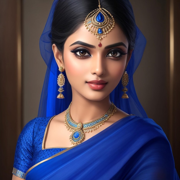 Een glamoureuze mooie meisje van Indiase afkomst die een traditionele blauwe sari draagt.