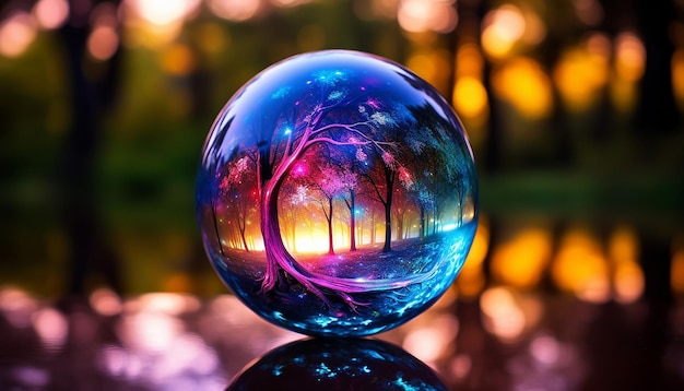 een glanzende kijkbal met een reflectie van een heldere en kleurrijke nevel