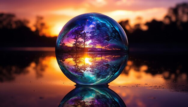 Foto een glanzende kijkbal met een reflectie van een heldere en kleurrijke nevel