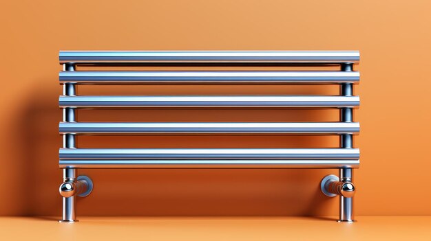 Een glanzende metalen radiator glinstert tegen een levendige oranje achtergrond