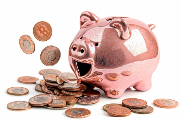 Foto een glanzende spaarvarken eet gretig vallende koperen munten, die spaargeld en financiële planning symboliseren, tegen een schone witte achtergrond