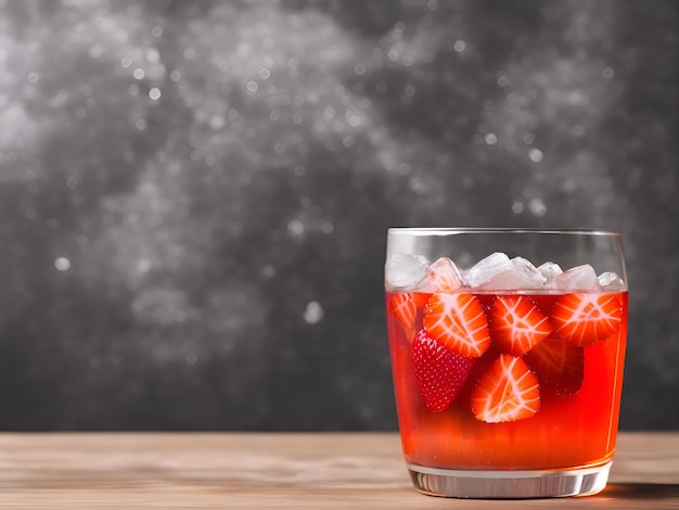 Een glas aardbei shortcake cocktail met ijsblokjes erin.