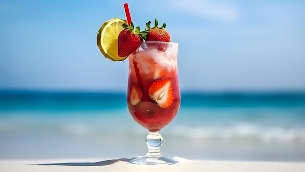 Een glas aardbeien koud verfrissend drankje op zee achtergrond op zonnige zomerdag neuraal netwerk