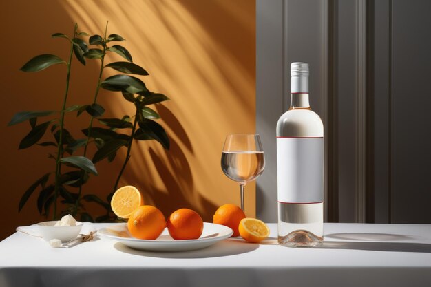 een glas alcoholische cocktail met sinaasappel op een witte tafel tegen een oranje muur