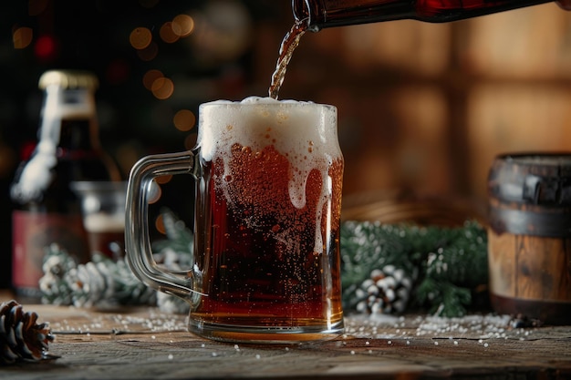 Een glas amber ale bier op een houten bar toonbank gieten Generatieve AI