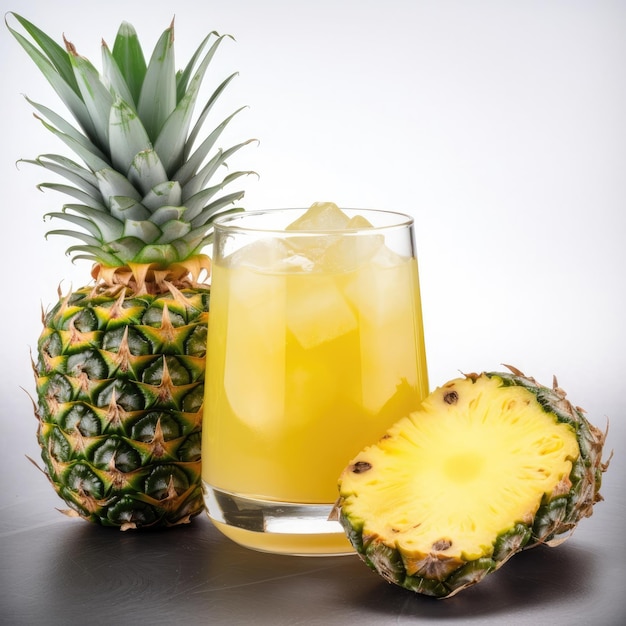 Een glas ananassap naast een ananas.