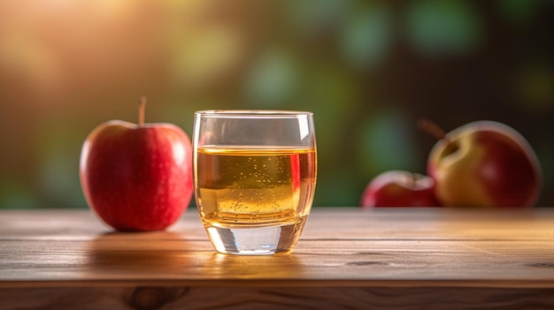 Een glas appelsap en appel op een houten tafel