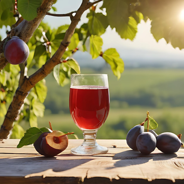 een glas appelsap naast een peer en een peer