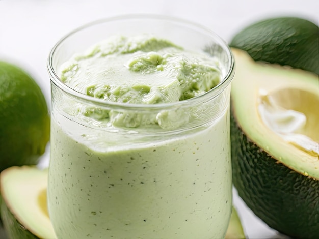 een glas avocado is gevuld met een kopje dip