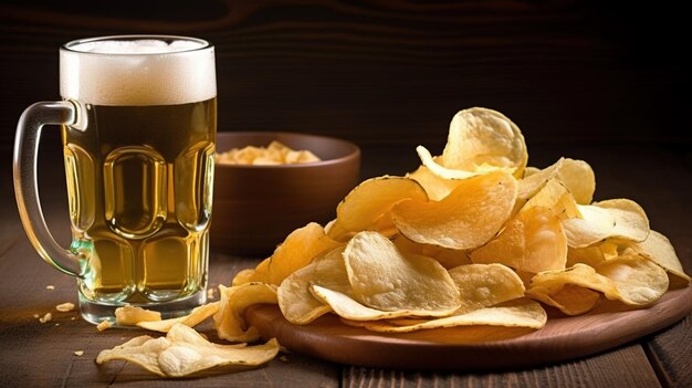 Een glas bier en chips.